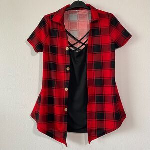 Dressfo Women’s Top Faux Button Size XXL Plaid Black Red‎